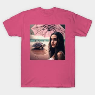 Beach Daydream - Woman with pink umbrella and a turtle in the beach. T-Shirt